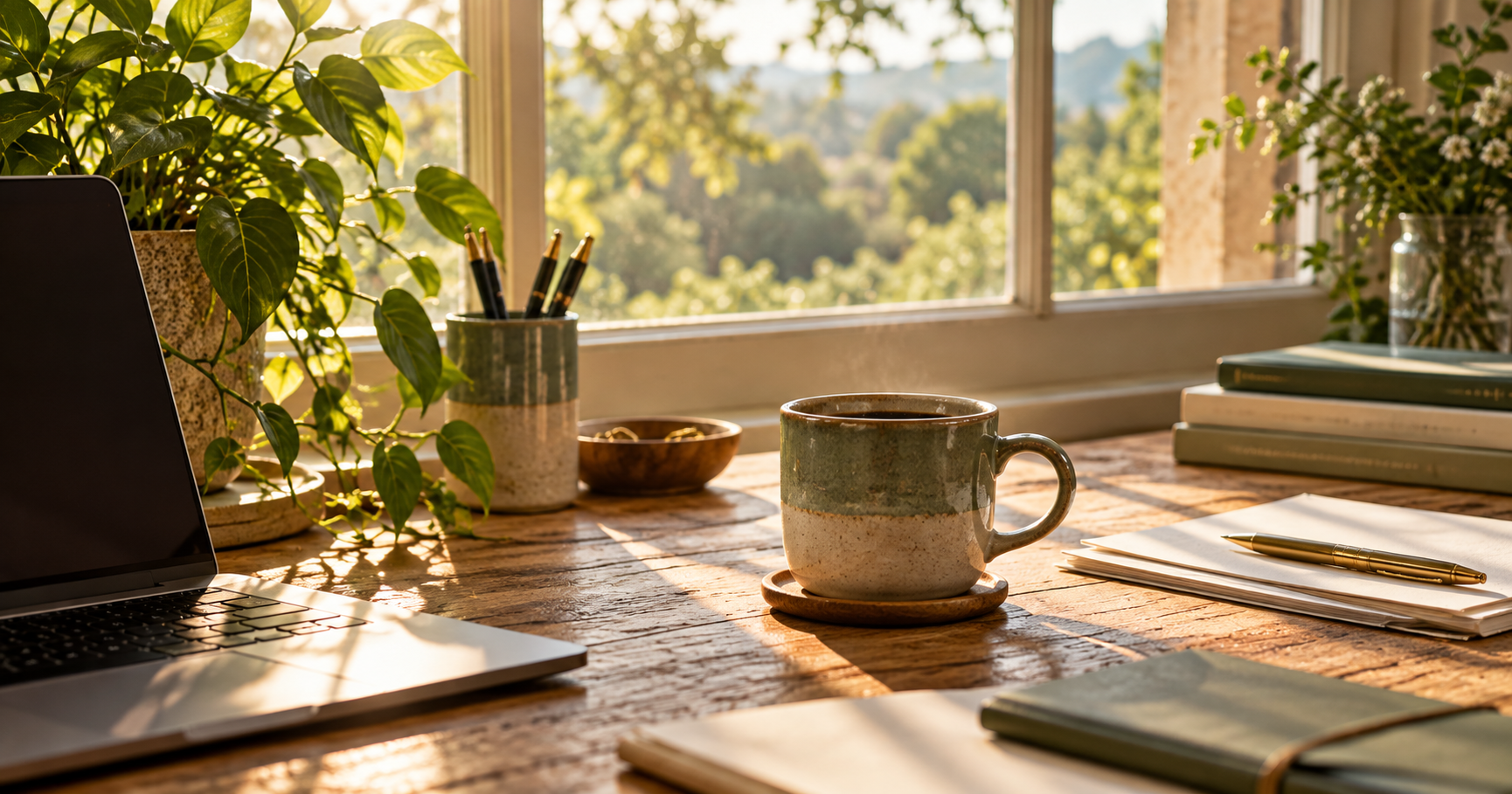 Afternoon desk in warm light with a cooling cup of coffee