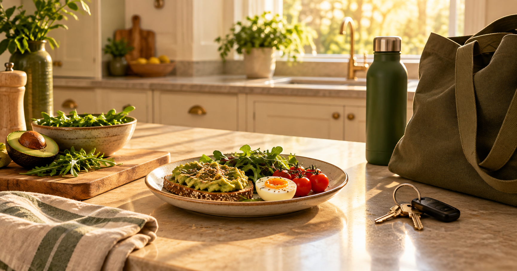 Kitchen counter at golden hour with a meal half prepared