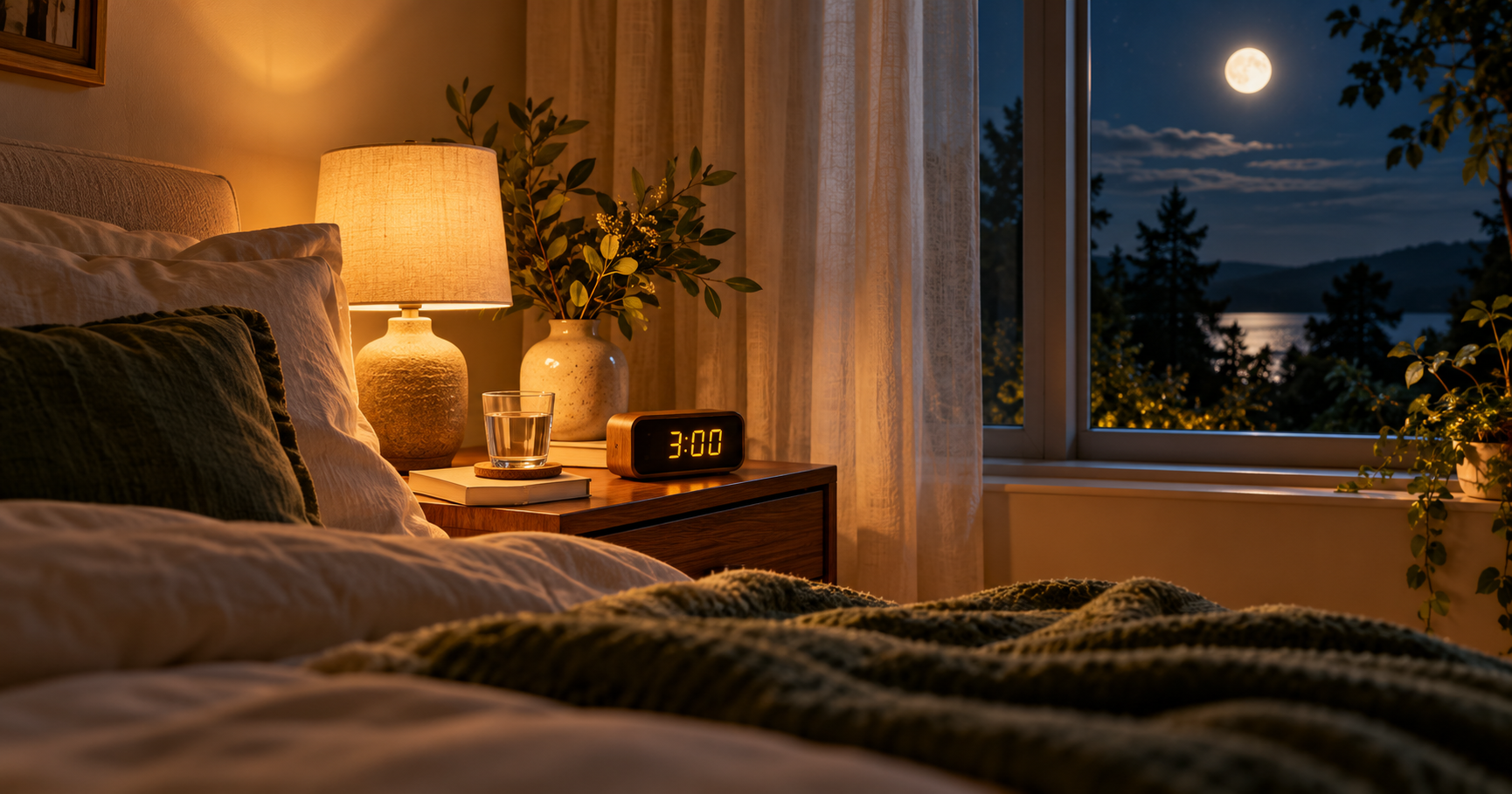 Bedroom window at 3 AM with soft moonlight and a bedside clock