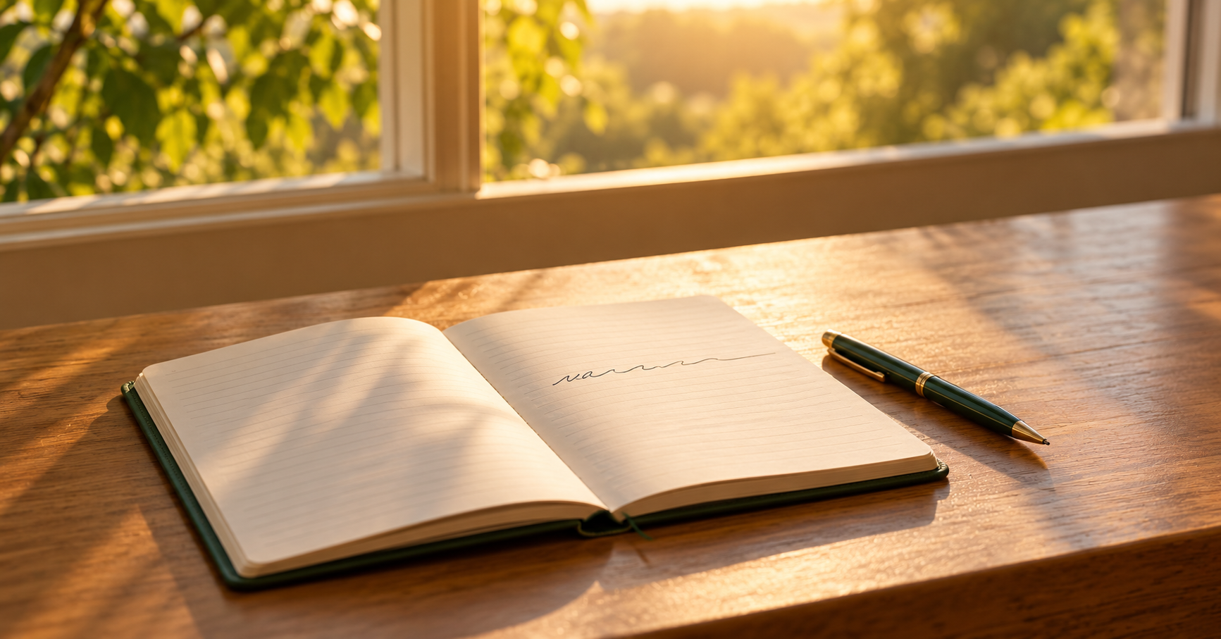 Open notebook and a pen on a desk by a window, late afternoon light