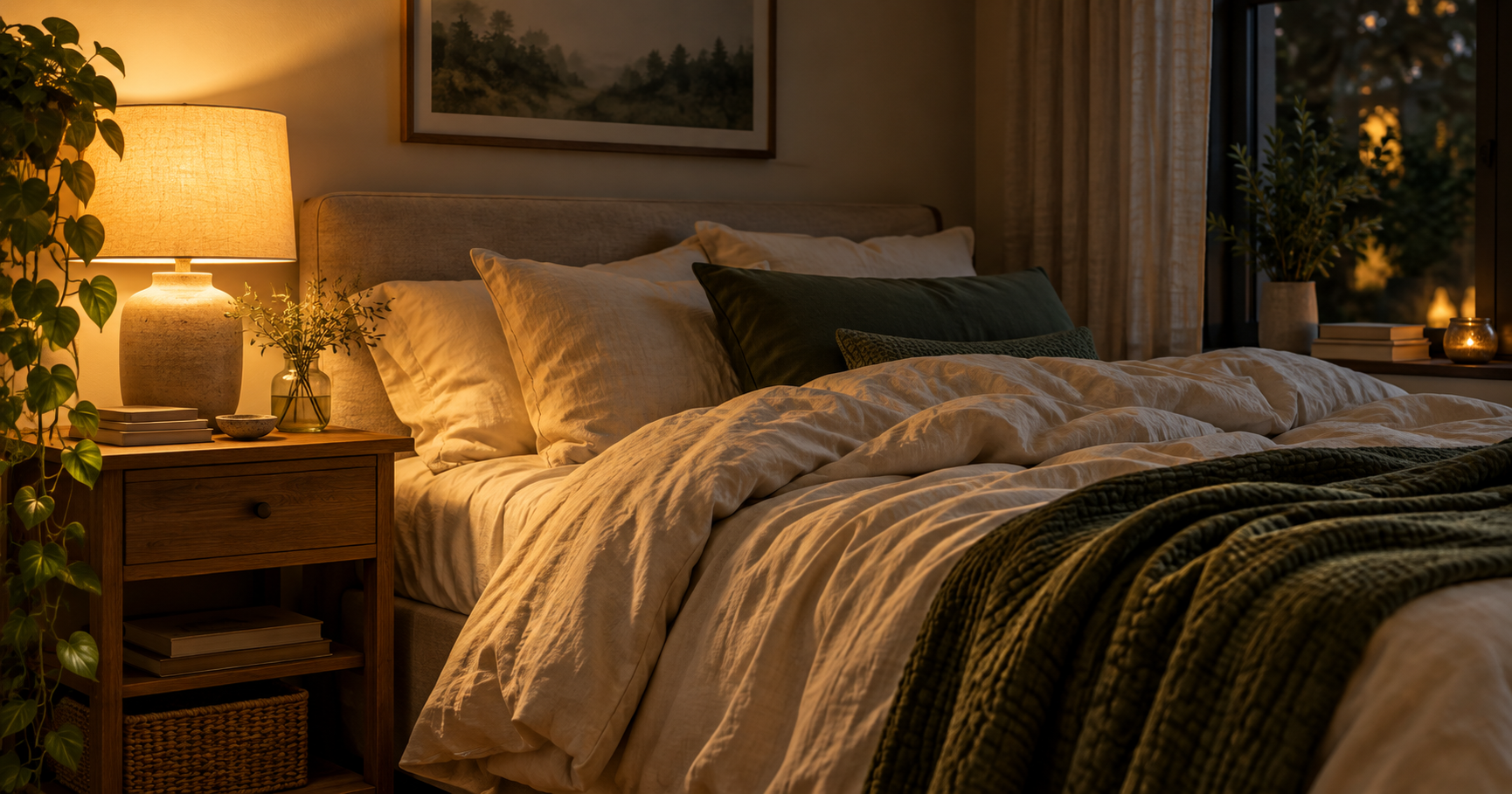 Person lying awake at night in warm low light, eyes open
