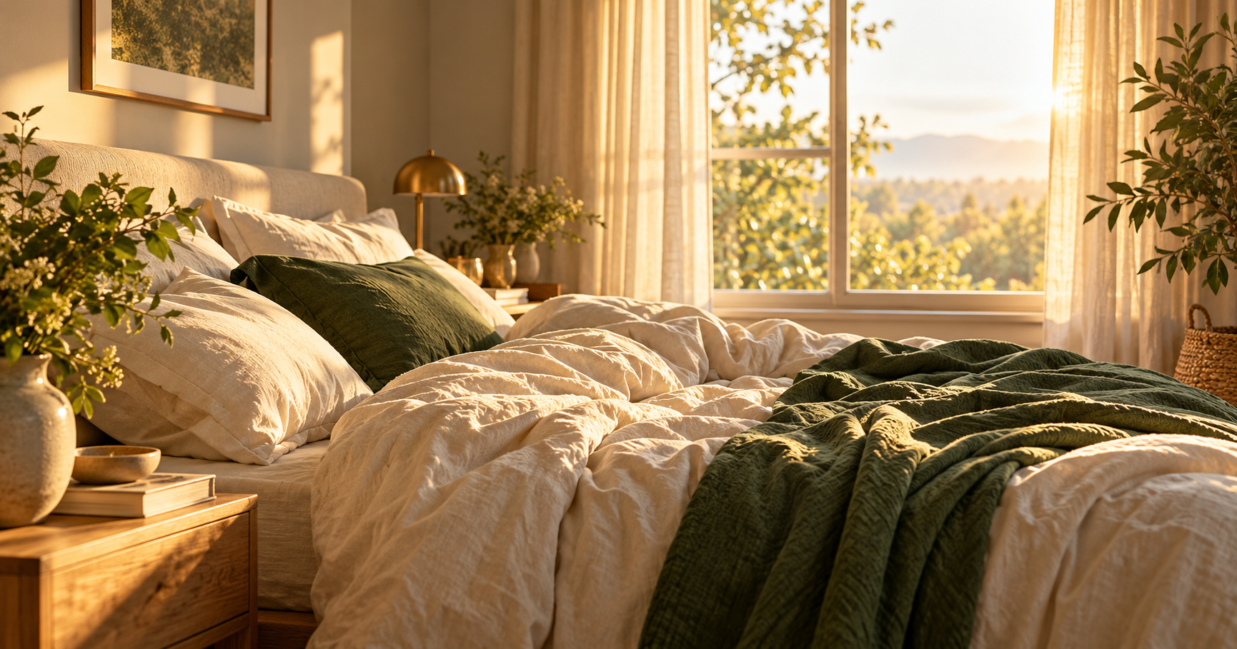 Morning bedroom in golden light with the bed still unmade