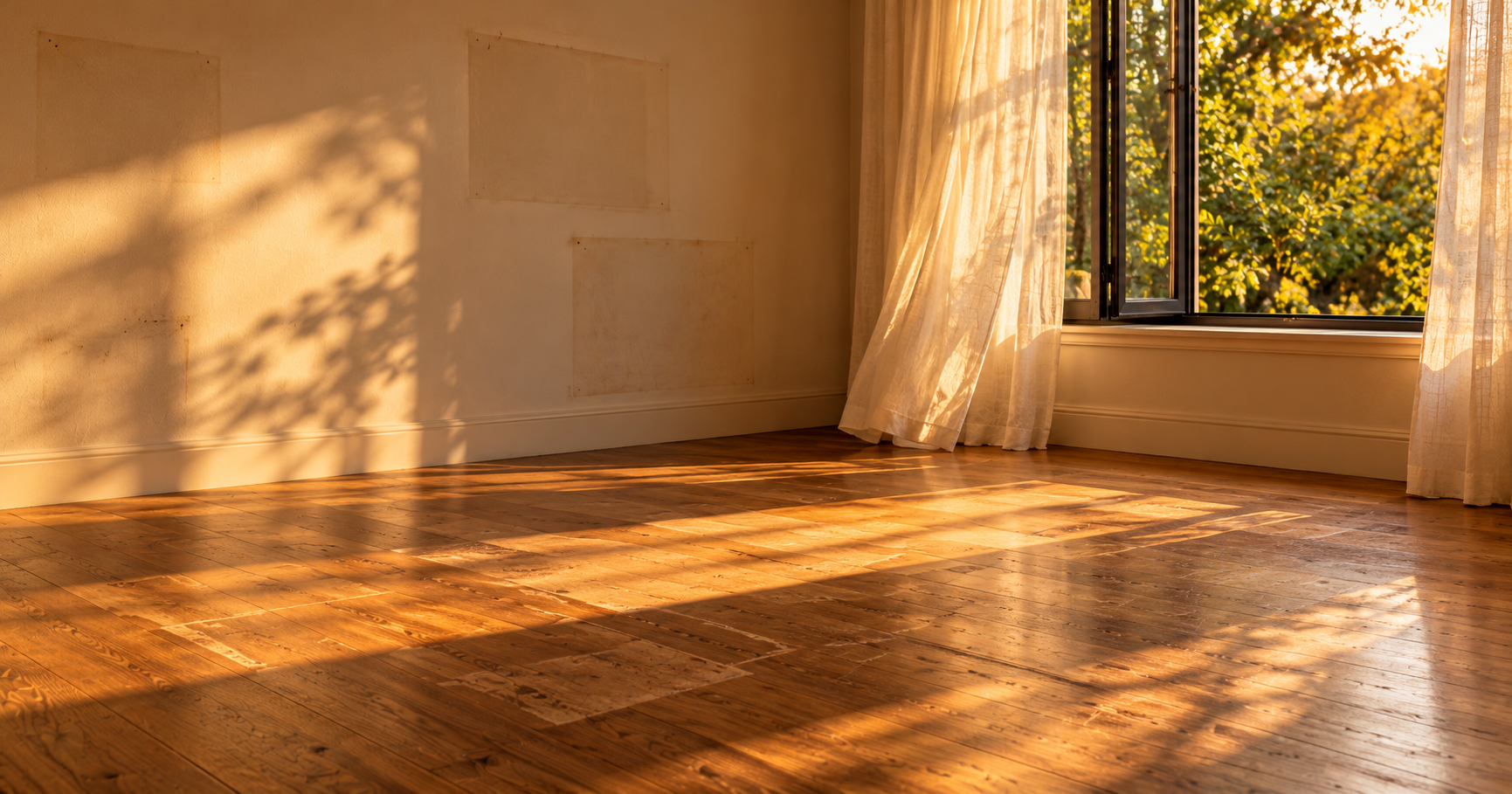 Sunlit empty room with marks on the floor where furniture used to be