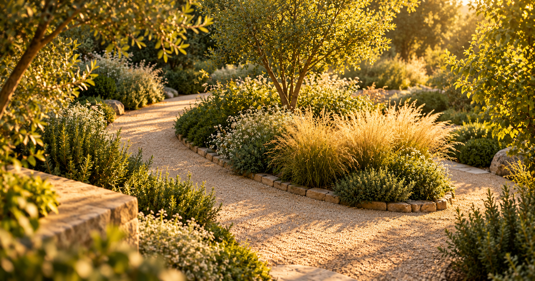 Sunlit garden path through golden grasses, standing at the turn