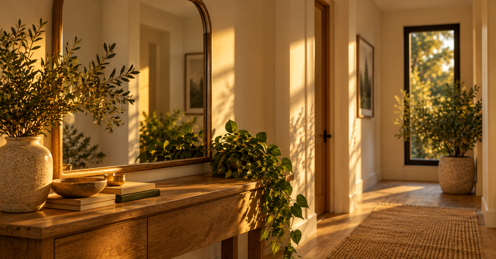Hallway mirror catching soft morning light, no one in the frame