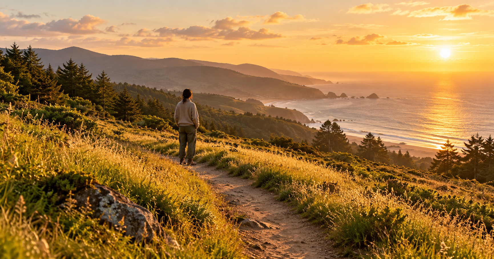 Person pausing on a sunlit path, shoulders finally dropping