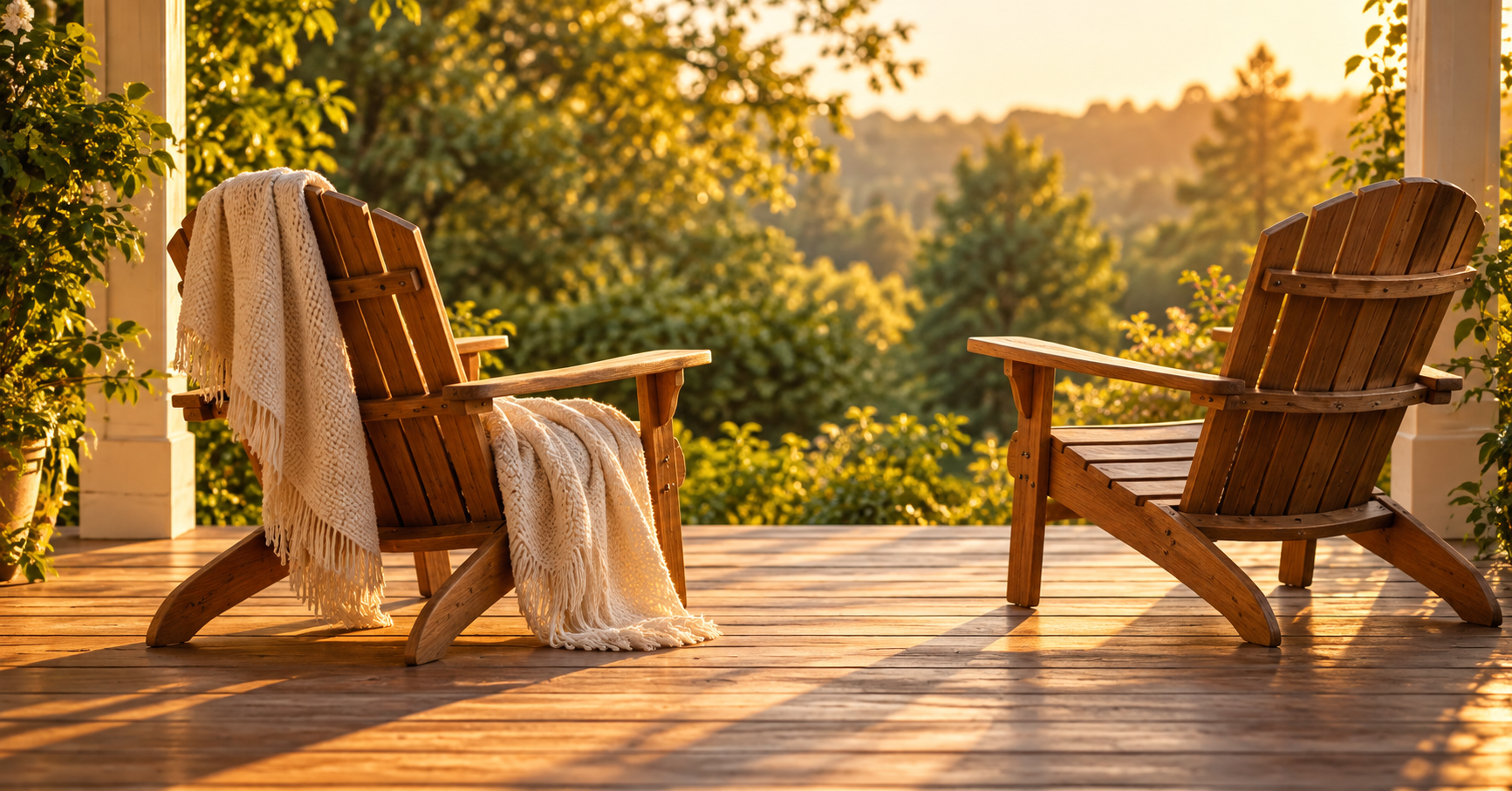 Two chairs on a porch at golden hour, turned slightly apart