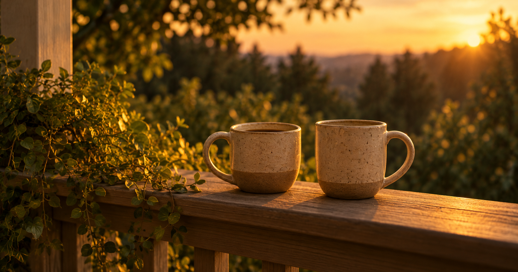 Two coffee cups on a porch rail at dusk, one left half full