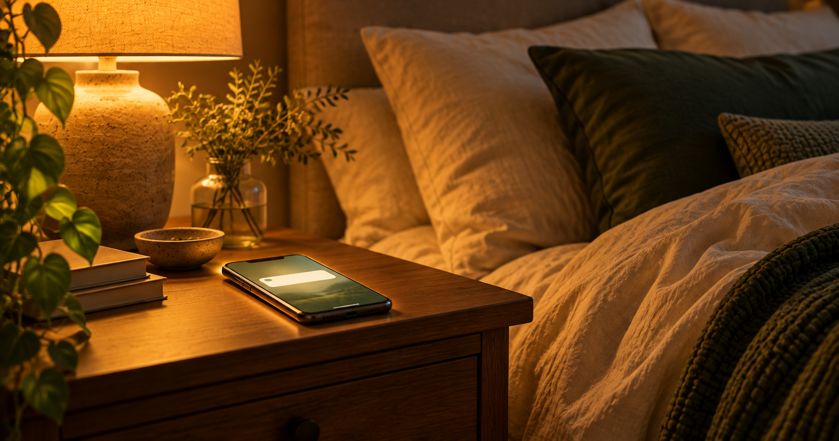 Phone screen glowing on a dark bedside table, a message waiting