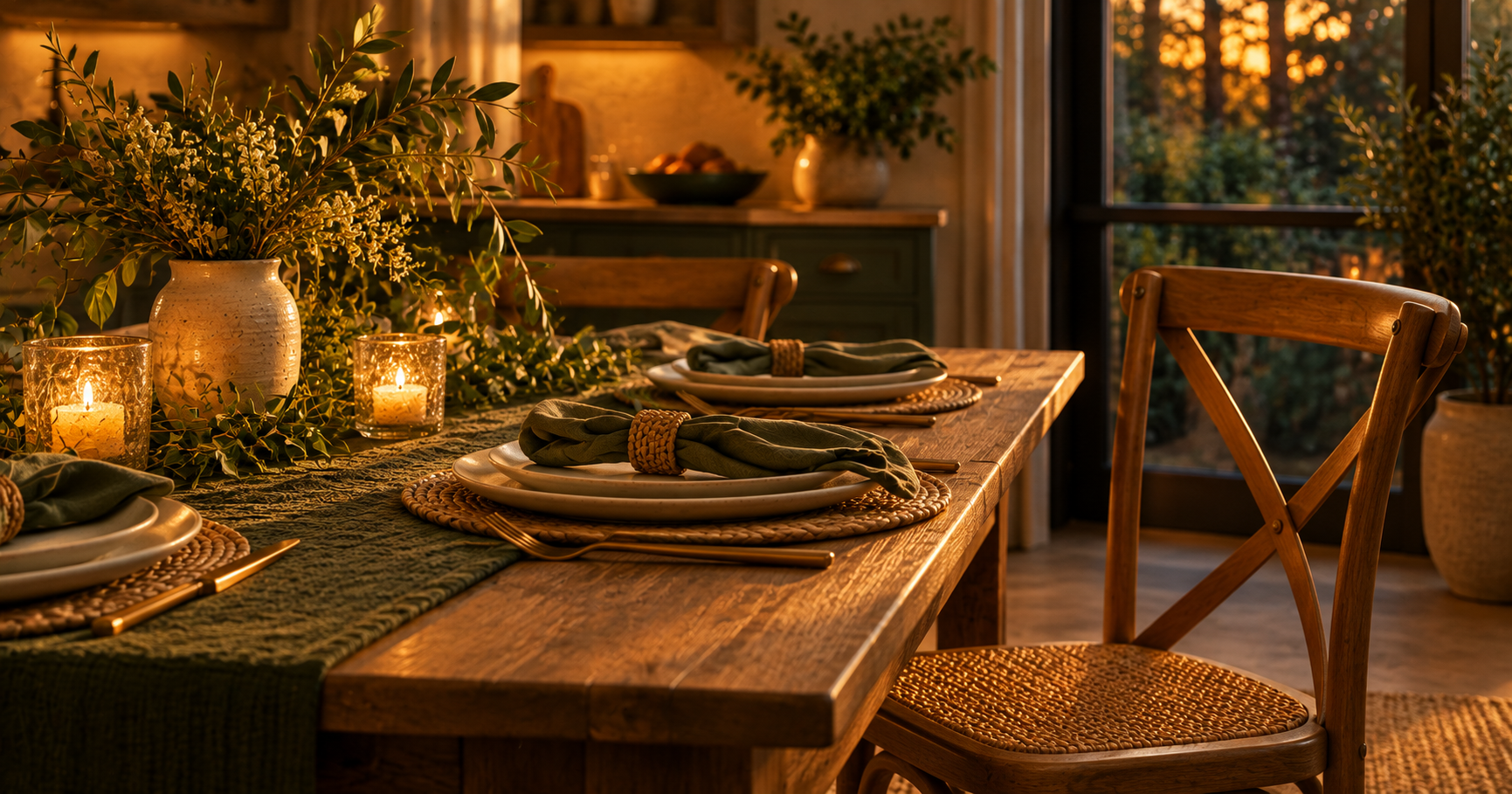 Kitchen table set with care in warm evening light, one chair empty