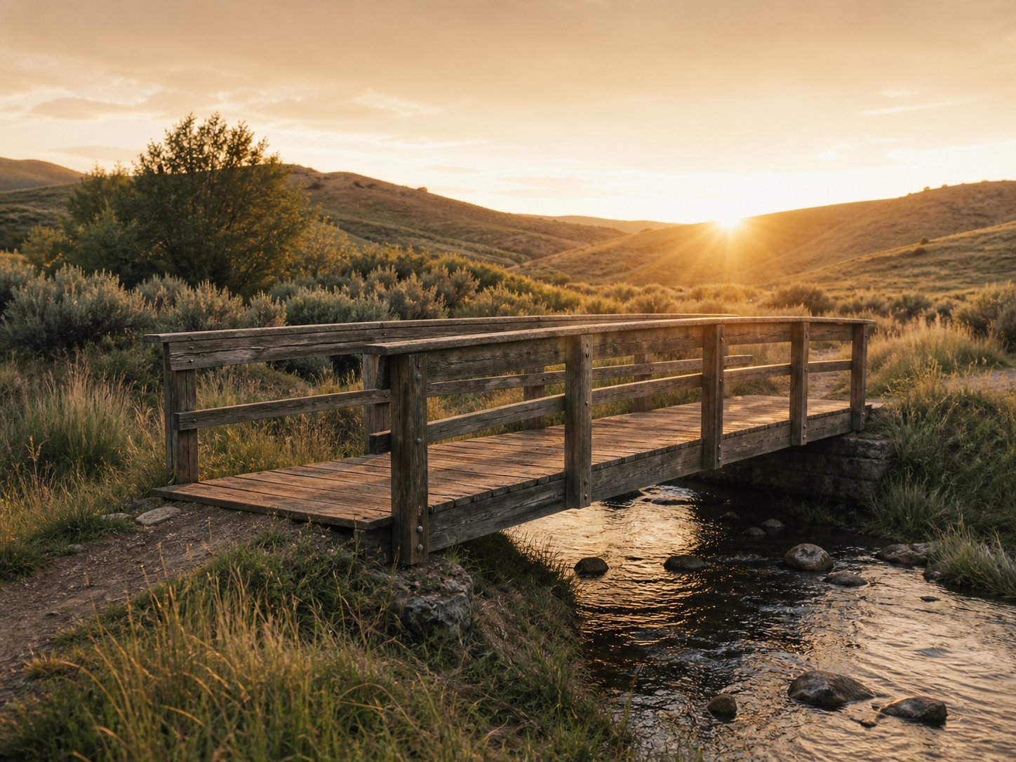 A weathered wooden footbridge crossing a small stream at golden hour, with rolling hills and sage grass under a warm setting sun