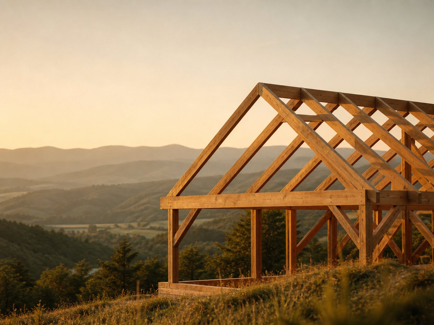 Unfinished wooden house frame on a quiet hillside at golden hour, structural beams catching warm light