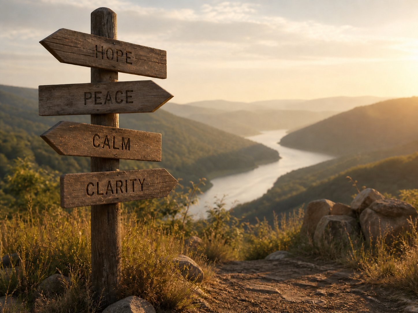 A weathered wooden signpost at golden hour pointing in several directions over a quiet valley
