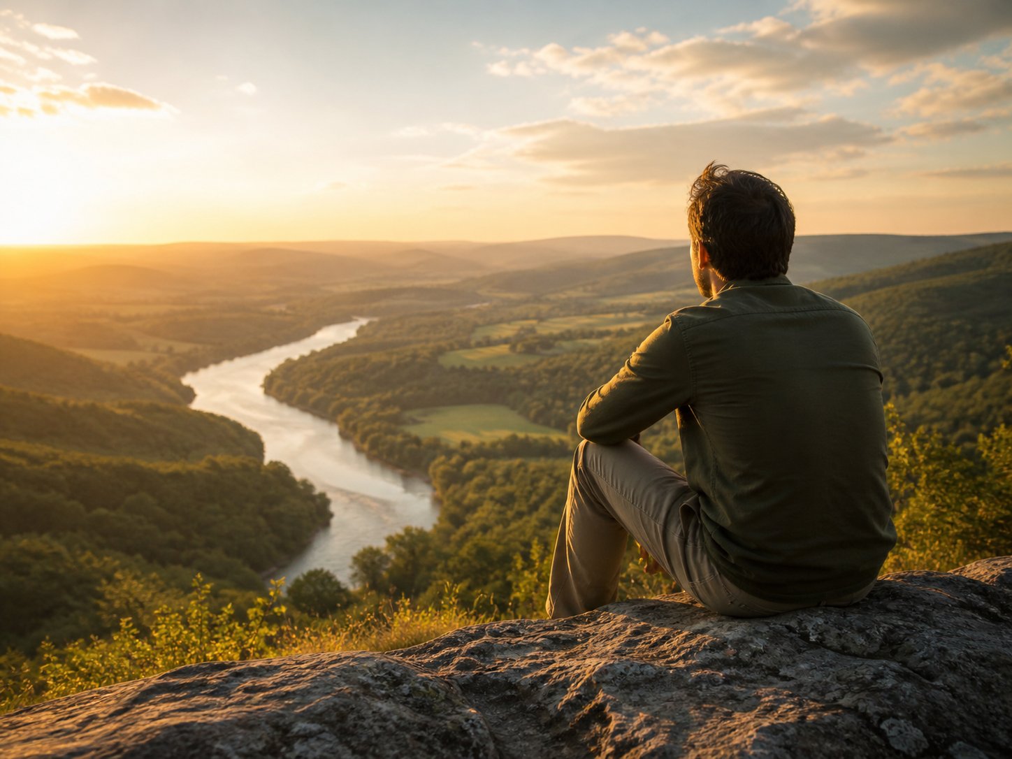 Person sitting on a rock at golden hour, overlooking a wide valley with a winding river