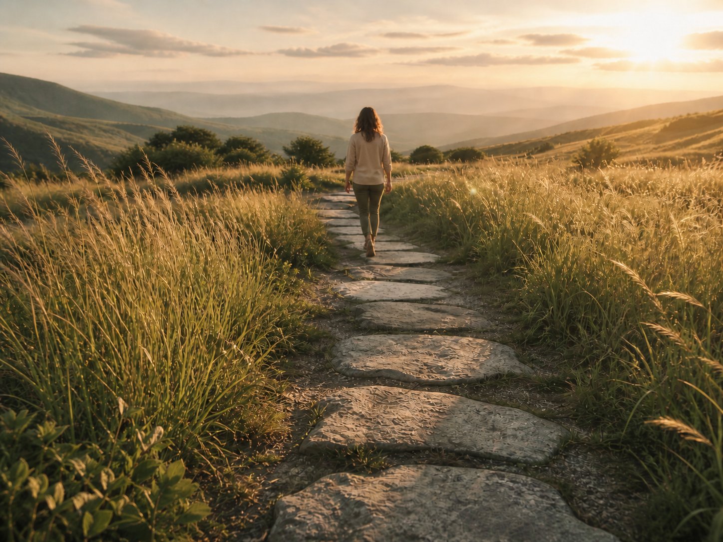 Person walking down a stone path through golden-hour grasslands toward distant hills