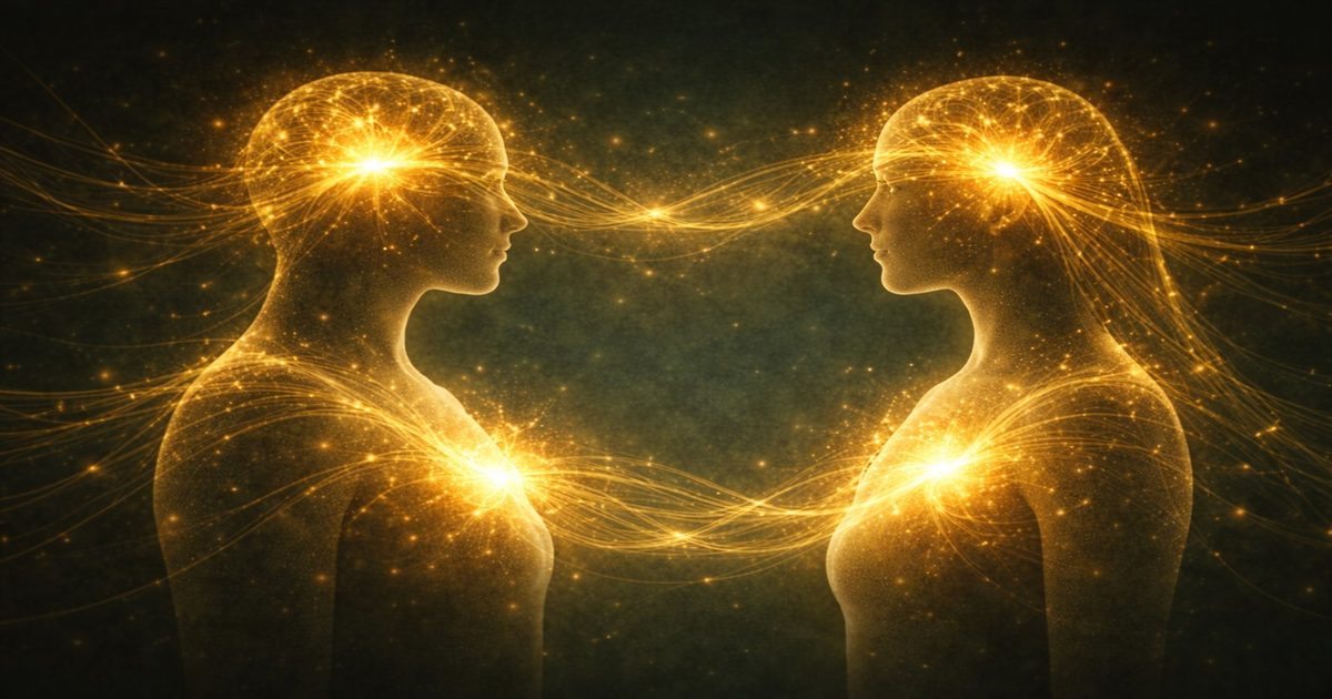 Two interconnected silhouettes with synchronized golden neural patterns, representing co-regulation