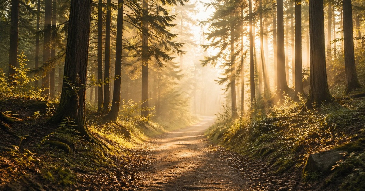Soft dawn light over forest path representing exit from survival mode
