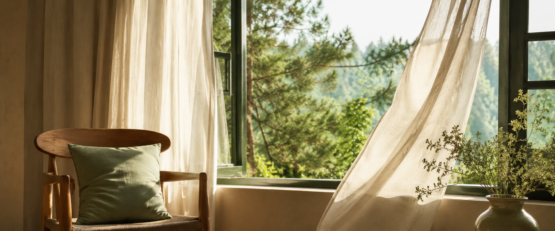 Soft curtains moving in warm light representing a longer exhale