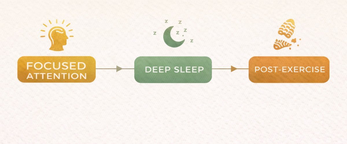 Three windows for change: Focused Attention, Deep Sleep, and Post-Exercise, shown as a progression timeline