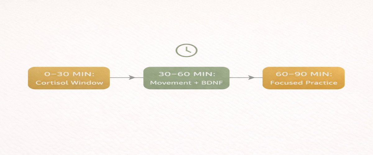 90-minute morning timeline showing three phases: 0-30 min Cortisol Window, 30-60 min Movement and BDNF, 60-90 min Focused Practice
