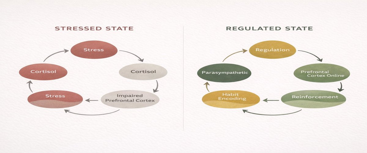 Two-column comparison: Stressed State cycle of stress, cortisol, impaired prefrontal cortex, and habit failure versus Regulated State cycle of regulation, parasympathetic activation, prefrontal cortex online, habit encoding, and reinforcement