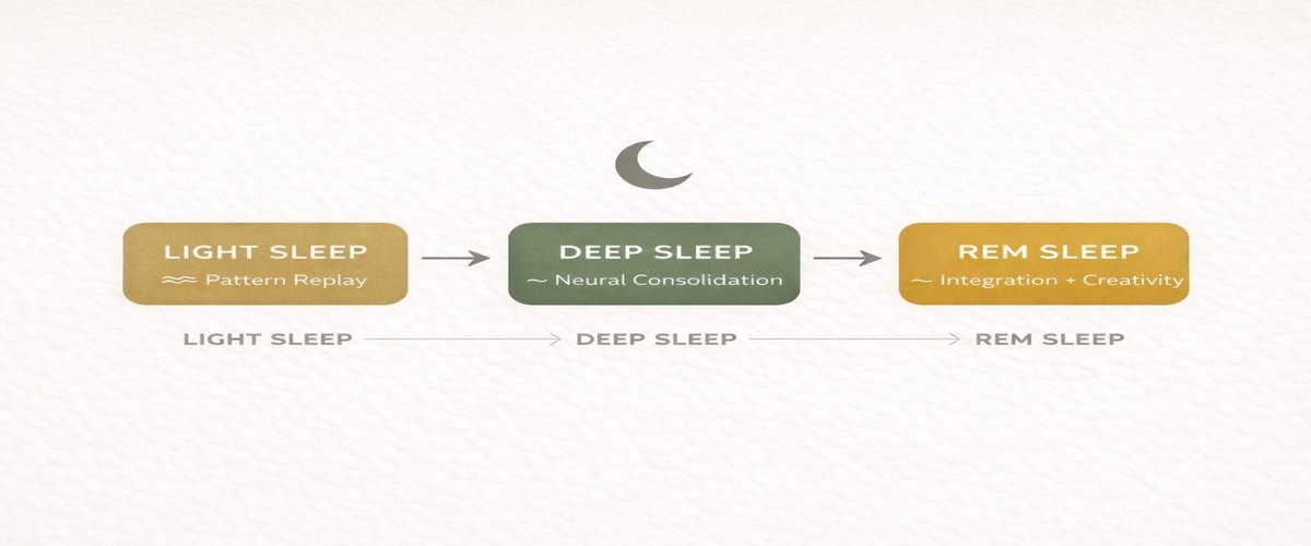 Three sleep phases shown as a timeline: Light Sleep for pattern replay, Deep Sleep for neural consolidation, and REM Sleep for integration and creativity