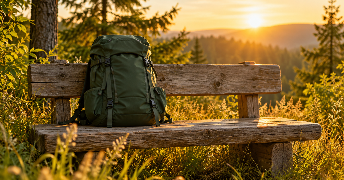 Heavy backpack set down on a trail bench at golden hour