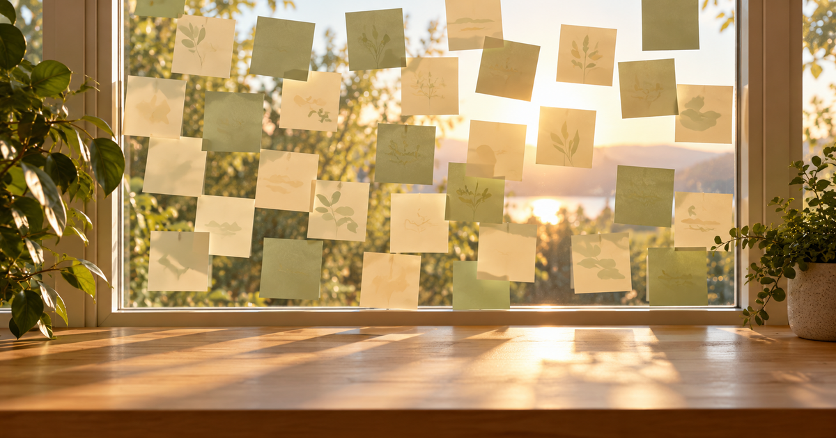 Window covered in sticky notes with the sun behind them