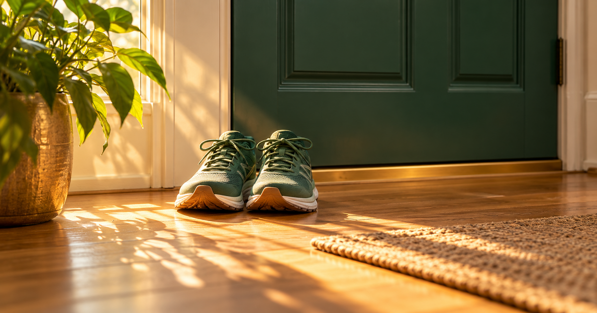 Running shoes by a closed front door in morning light