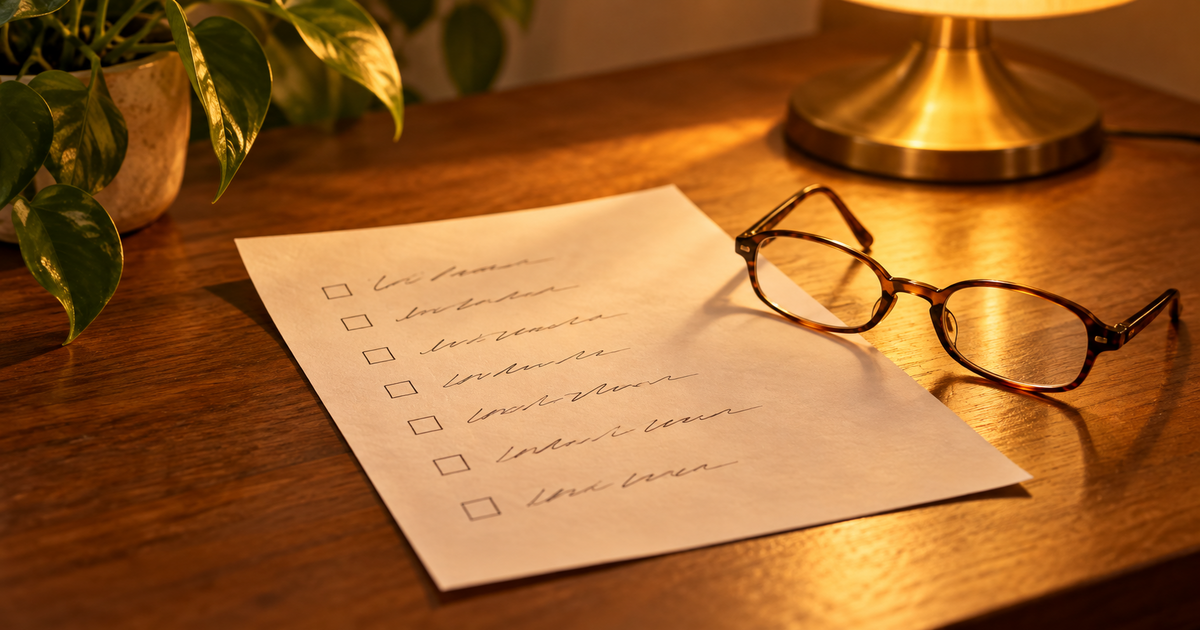 Evening lamp light on an untouched to-do list and reading glasses