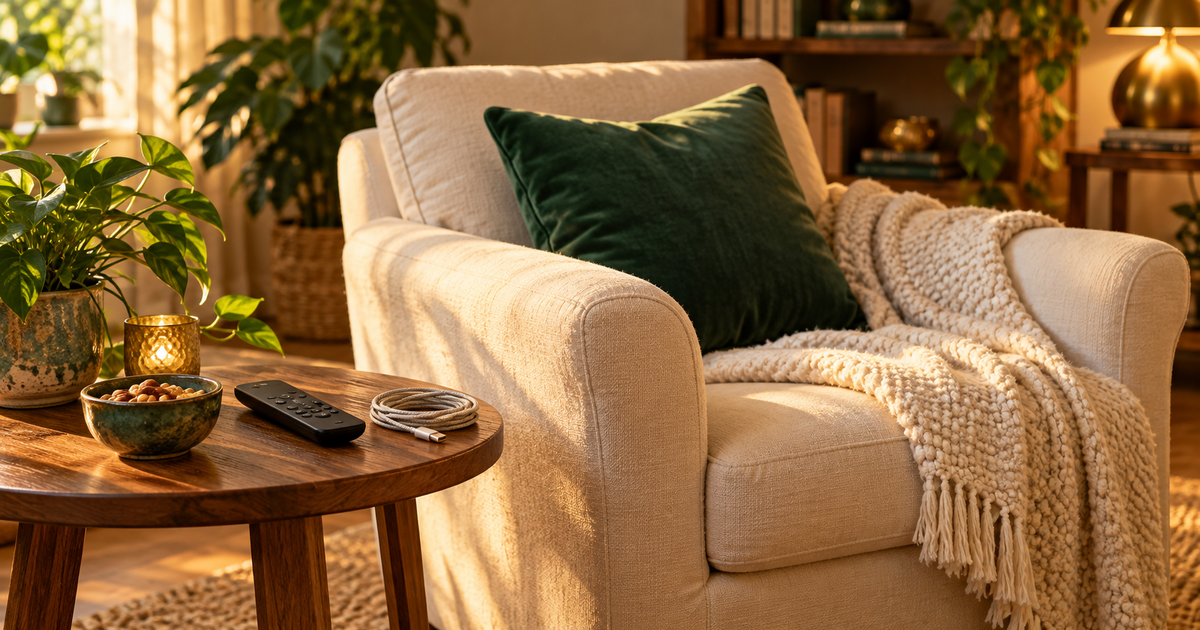 Cluttered side table with a remote, snacks, and a charger beside a tidy chair